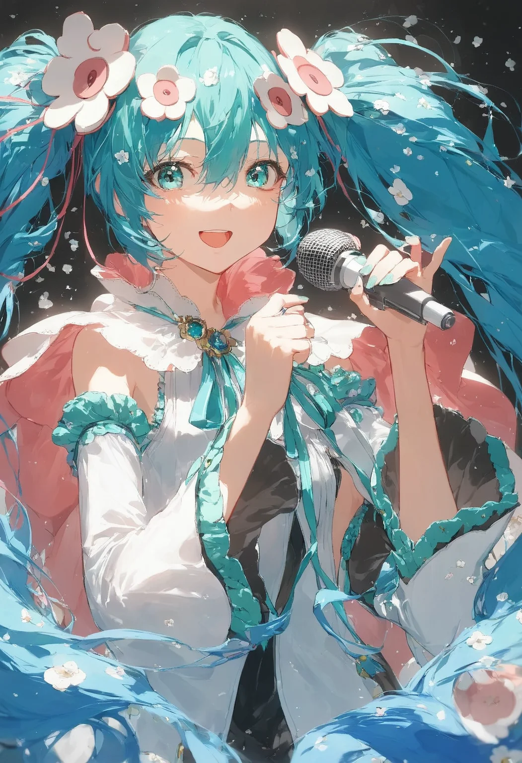 score_9,score_8_up,score_7_up,,source_anime BREAK , , MHM21, hatsune miku, 1girl, solo, hair ornament, microphone, flower, twintails, magical mirai miku, long hair, hair flower, holding, holding microphone, detached sleeves, open mouth, aqua hair, smile, very long hair, looking at viewer, wide sleeves, ribbon, upper body, medallion, white sleeves, aqua ribbon, aqua eyes, cape, hair between eyes, white flower<lora:ãã¸ã«ã«ãã©ã¤2021:1>