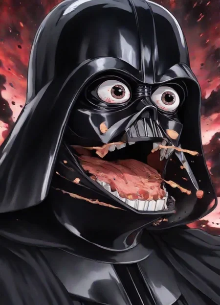 <lora:PE_OP_ShockedFaceMeme:1> PEOPShockedFace, eyes popping out, shocked face, mouth open anime, cartoon,
darth vader,
masterpiece, high resolution, octance 4k, high detail,