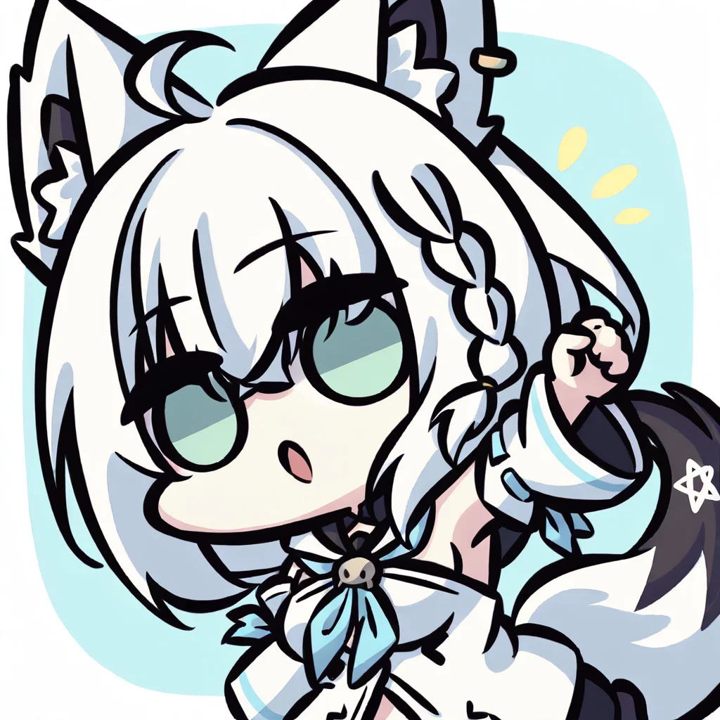 chibi,1girl,shirakami fubuki \(1st costume\),hololive,animal ear fluff,animal ears,bangs,braid,fox ears,fox girl,hair between eyes,long hair,white hair,ahoge,single braid,green eyes,sidelocks,fox tail,tail,breasts,earrings,small breasts,medium breasts,,<lora:Kei_Style_noob-4:1>,