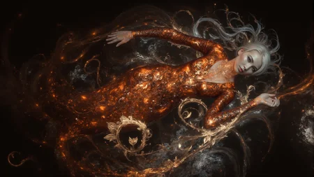 The main subject is an intricate (plump:0.5) mature angry fairy. They are shown in an ground level, looking up South Korean-themed photograph in the style of Decadent Movement. The person is dressed in a modern style, and is swimming in a bright animalistic space station. Although the person is well-lit, the surroundings are dim. In the background there are fine tendrils of lightning that sketch the outlines of an ethereal cat. The overall colour scheme uses a volcanic palette, with fine details rendered in orange and bronze naturalistic patterns. Motes of glitter hang in the air of this very detailed banal scene. <lora:aura_v2_beta2:0.6> <lora:BioInk2FLUX:0.5> <lora:detailifier_sd3.5:0.5>