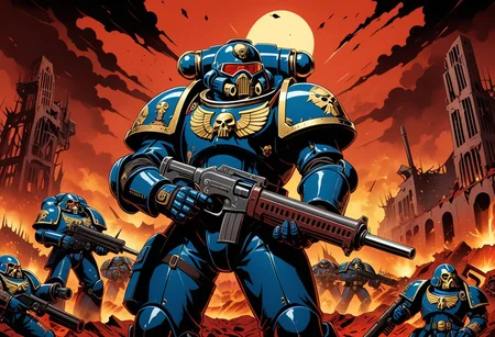 An intricately detailed 4K screencap from a high-budget modern anime production, with clean professional linework and vibrant colors. It depicts a man firing a bolter from a foxhole on a blasted hellscape, dilapidated ruined city, red skies, wearing a suit of sleek, shiny, gold and blue advanced power armor. warhammer40k, space marine, grimdark, symmetrucal goggles, symmetrical viser, symmetrical helmet, symmetrical armor, forces of chaos, khorn