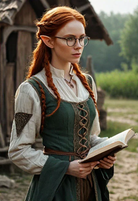 Masterpiece, Full body cinematic photo of redhead elf, walking beautiful elf female with long face glasses. Pointy ears, She is athletic with medium breasts.
She wears practical medieval male clothing with trousers.
She stands in front of ancient Slavic settlement and reading a book from her hand.
side view, high resolution, enhance the details, full body photo, hyper-realistic