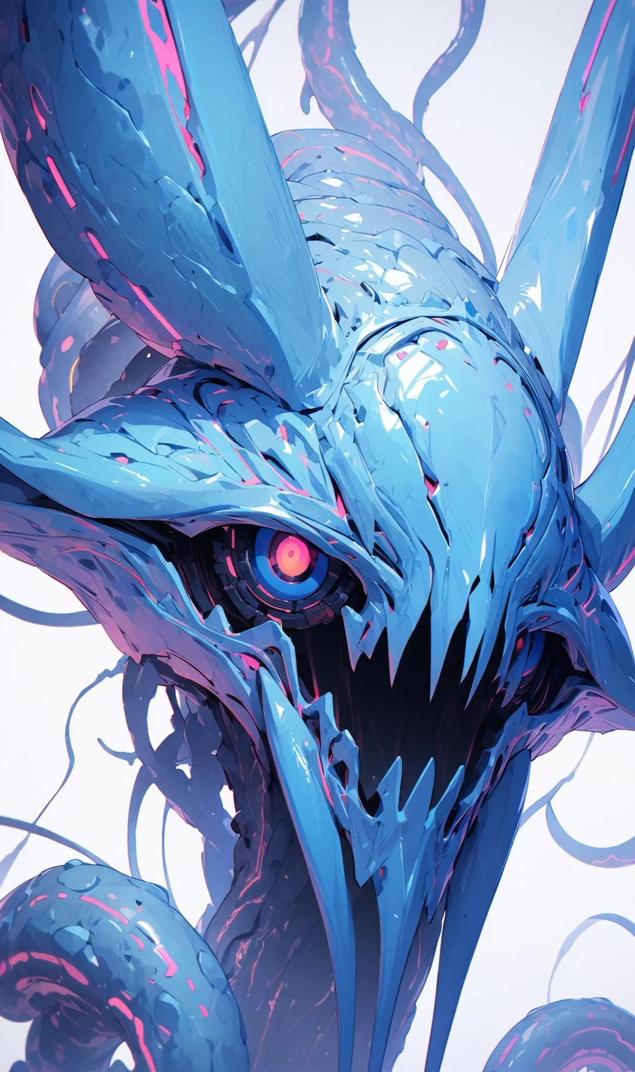 (anime, masterpiece, intricate:1.3), (best quality, hires textures, high detail:1.2), (4k),(incredibly detailed:1.4), (extremely detailed CG unity 8k wallpaper), source_anime, (((anthropomorphic))), unusual creature, creature, concept art, solo, white background, no humans, glowing, neon lighting, colored outline, high contras, blue color, <lora:GRIM_v1:0.3> horror (theme), tentacles, <lora:add-detail-xl:1.5> all, <lora:Alien_Concept_Art:0.8>, <lora:Neon_Environments:0.8> neon, <lora:Tentacle_Felatio_4PonyXL:0.4> transparent tentacles