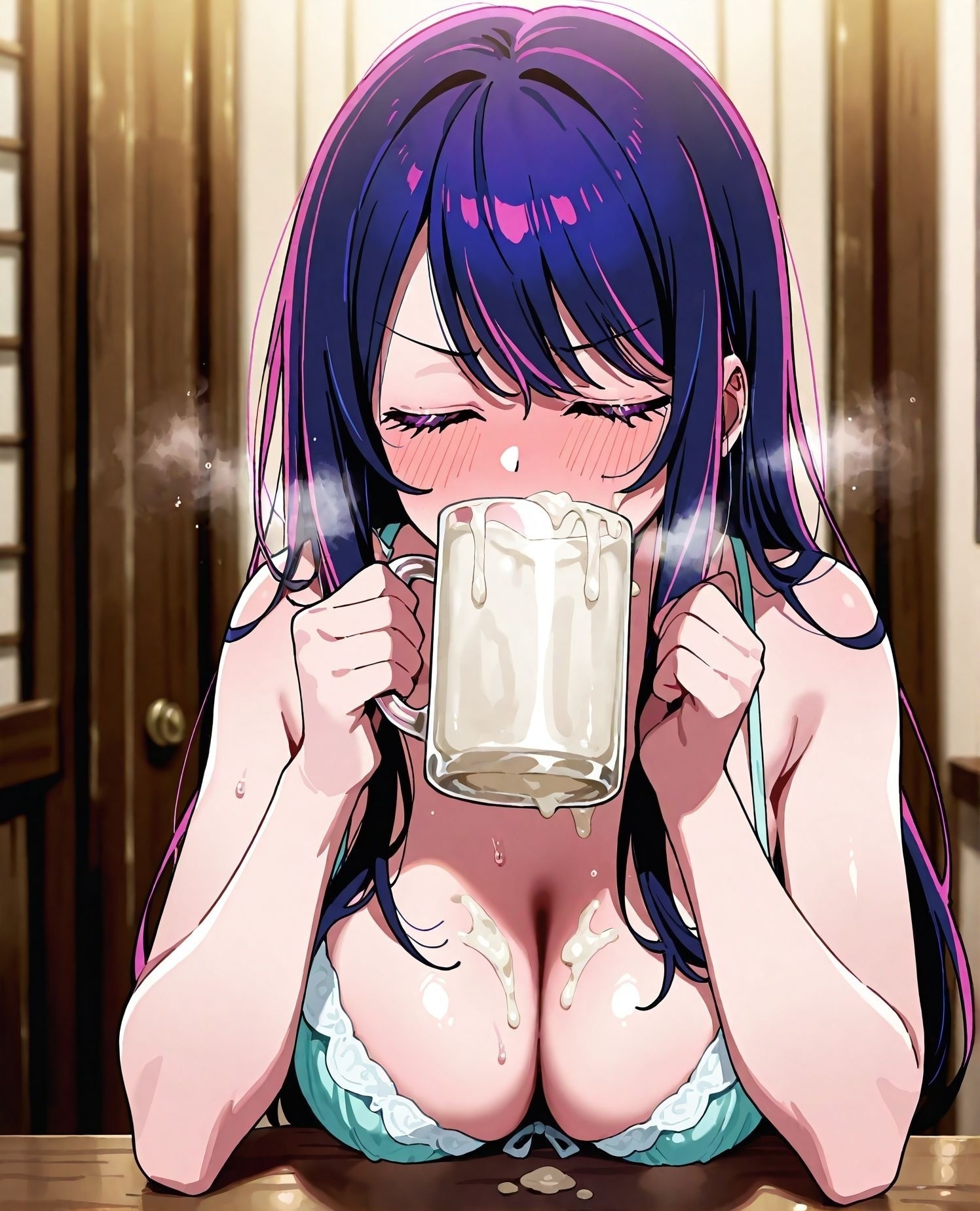 masterpiece, best quality, newest, absurdres, highres, detailed eyes, beautiful, detailed background, perfect eyes, anime coloring, anime screencap,
<lora:semen_burp:1>semen_burpV1,
1girl,breasts, drinking glass, steam, 
beer mug,cup,cum in mug,
solo,blush,closed eyes,
hoshino ai,  oshi no ko, official art, 
large breasts, 20YO, milf,