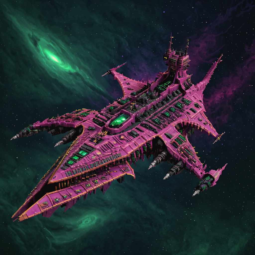 a pink twisted demonic chaoswarfleet battleship in space, motion blur, explosions, maelstrom, nebula, asteroids, green lighting, eerie glow, horror theme, warped,
