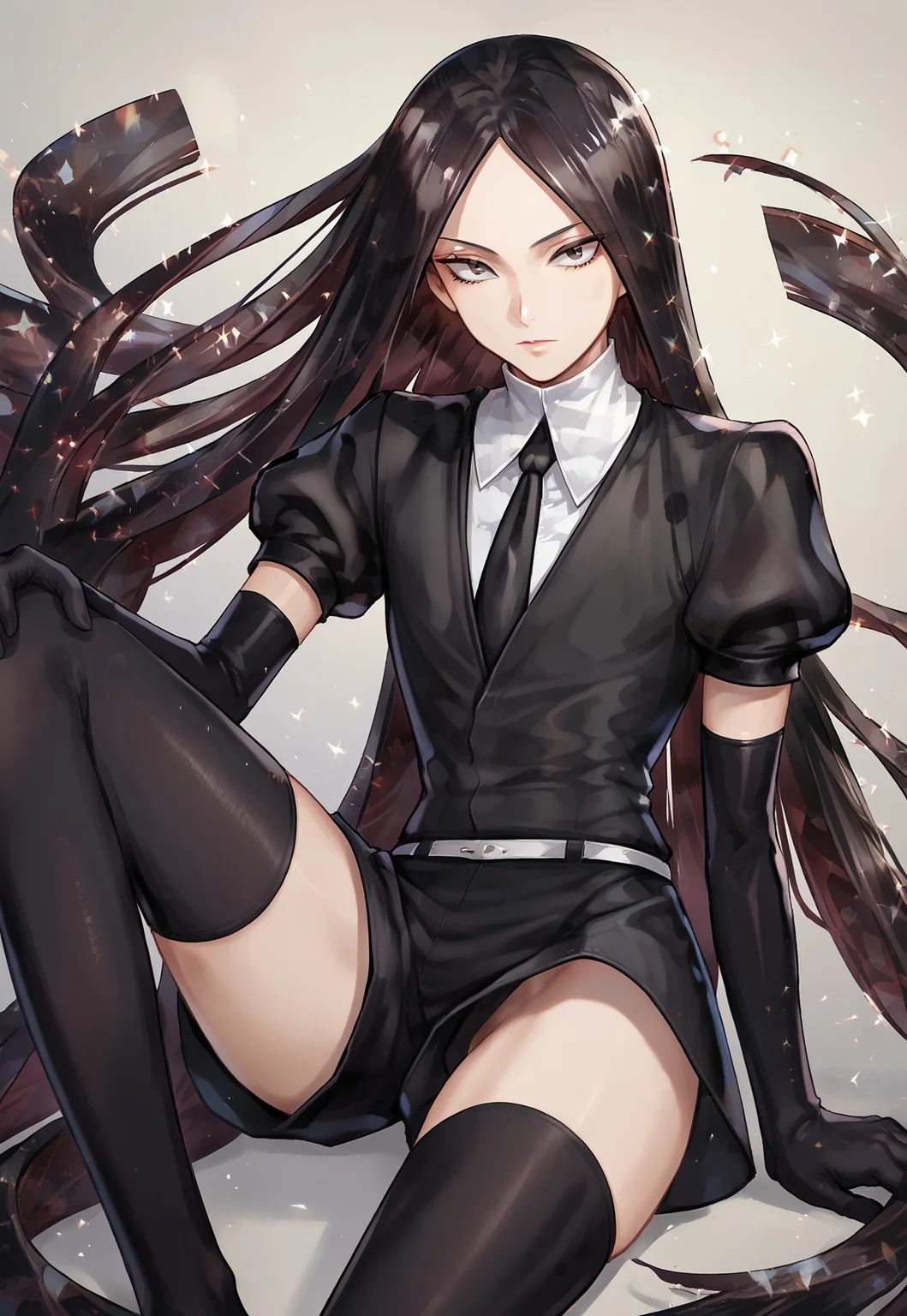 score_9, score_8_up, score_7_up,bordxl11, androgynous, black hair,crystal hair, parted bangs, black eyes, very long hair, gem uniform (houseki no kuni),black gloves,black jacket, white shirt,black shorts, black necktie, puffy sleeves, short sleeves, black gloves, black stockings,