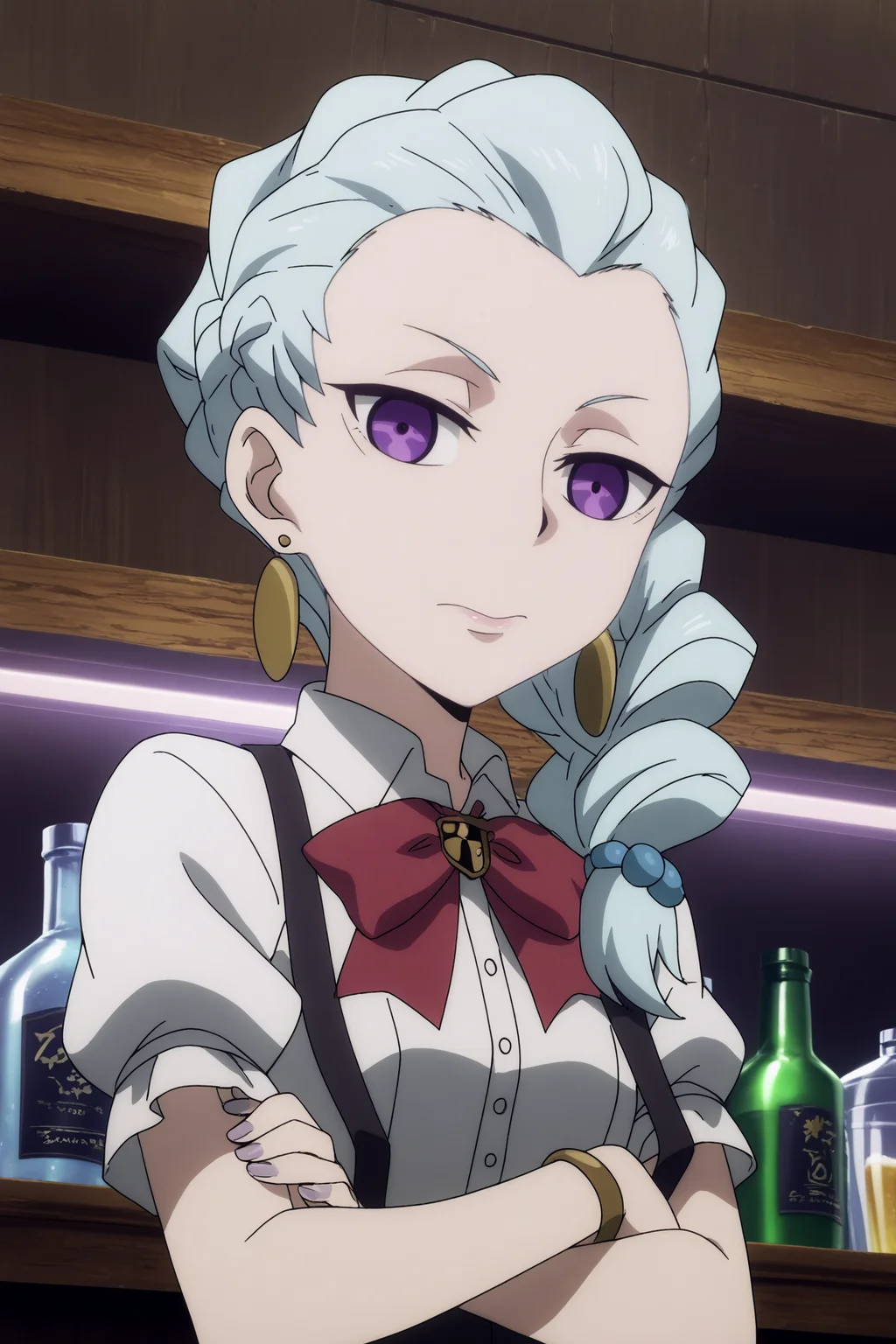 nona,1girl,solo,braid, single_braid, jewelry, earrings, white_hair, bracelet, long_hair, bow,school_uniform, looking_at_viewer, suspenders, short_sleeves, hair_over_shoulder, lipstick, smile crossed arms,from below, BREAK indoors,bar with alcohol,bar,purple light,gothic_architecture, low light <lora:Nona_-_Death_Parade.safetensors:1> <lora:detailed_backgrounds_v2.safetensors:0.6>,