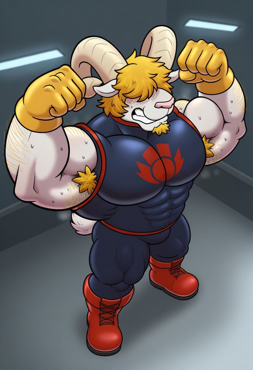 <lora:GravitonV2:1>, ((graviton)), goat boy, white fur, curled horns, hair over eyes, short hair, blond hair, goatee, hairy arms, chest hair, no humans, furry male, furry, short tail, muscular male, bara, athletic build, Massive_Busty_Pecs, beautiful, hyper-detailed, depth of field, highres, very aesthetic, high sharpness, dynamic angle, cinematic lighting, detailed background, indoors, bodysuit, sleeveless, red boots, full body, feet out of frame, from above, clenched teeth, sweaty, sweat drop, steamy, snort, flexing, double bicep pose, armpit hair