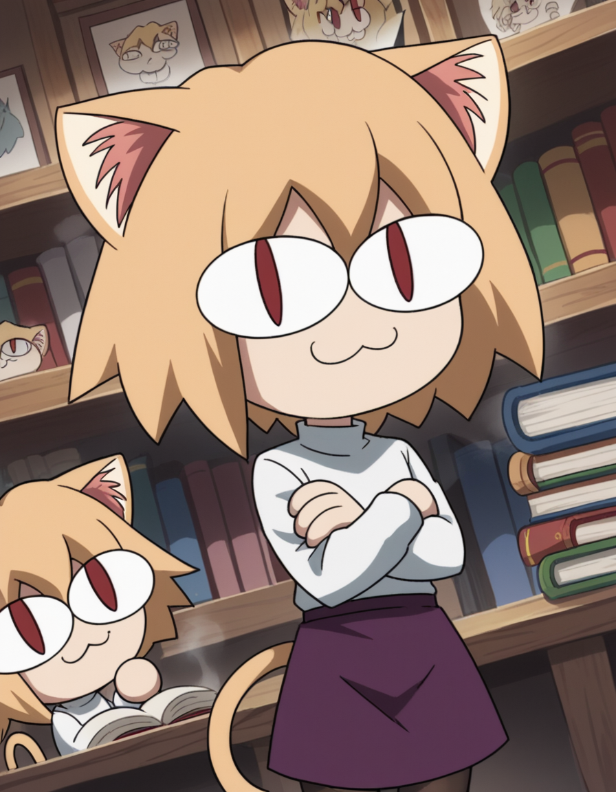 score_9, score_8_up, score_7_up, source_anime, <lora:carnivalphantasm-neco-arc-ova-ponyxl-lora-nochekaiser:1>, neco arc, short hair, blonde hair, red eyes, animal ears, tail, cat ears, chibi, cat tail, slit pupils,, skirt, pantyhose, sweater, purple skirt,, bookstore, browsing shelves, new book smell, finding a favorite, quiet atmosphere, smile, looking at viewer, crossed arms, smug, solo,, dutch angle, cowboy shot