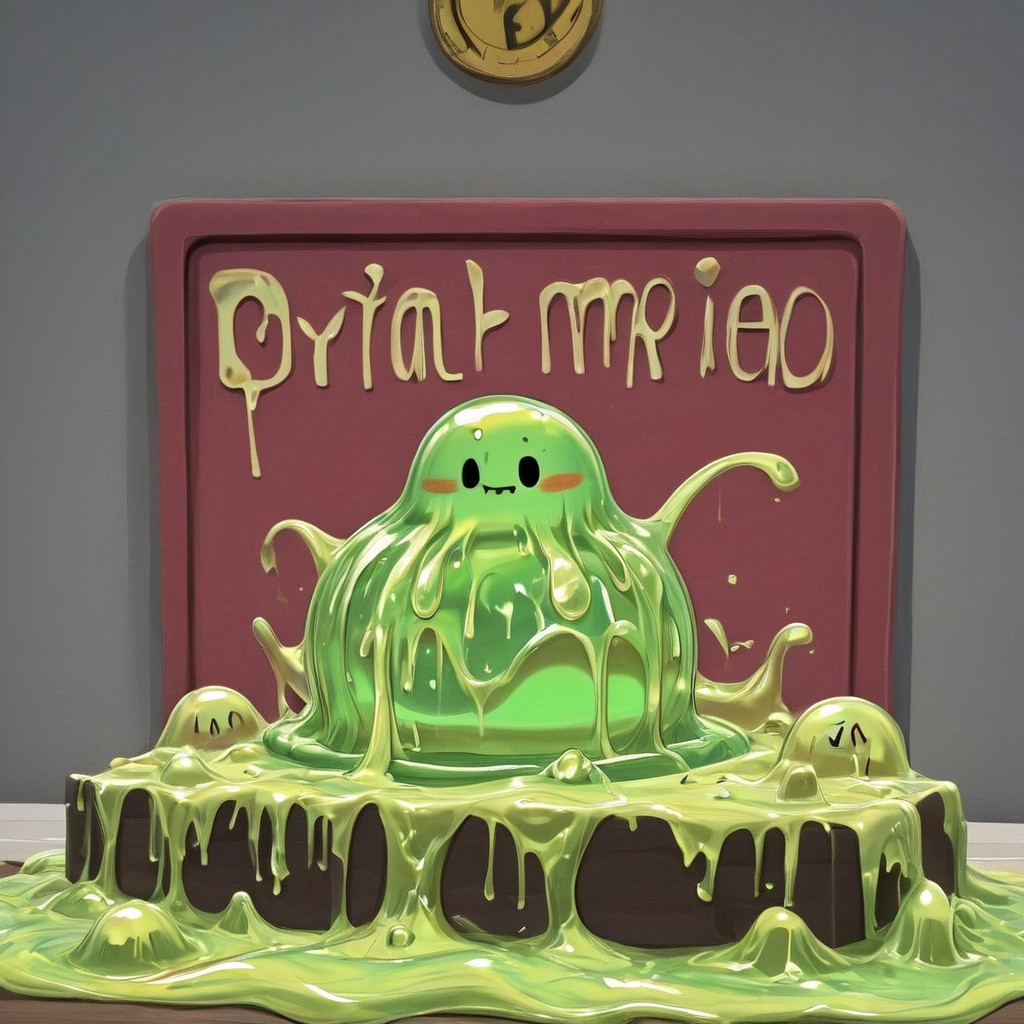 red slime, image of a big sign that say civitbot is you know what , civitai do their userbase badly and with more rainbow  , and more glowing gold slime  everywhere woo