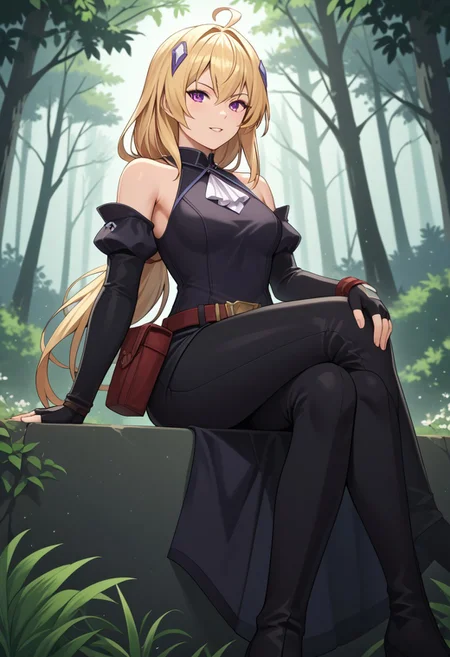 zPDXL3, score_9_up, score_8_up, score_7_up, (Anime_source), 1girl, Ines, purple eyes, blonde hair, long hair, low tie ponytail, parted lips, STANDING ON WHITE BACKGROUND, air_bow, red_bow, red_ribbon, bare_shoulders, elbow_gloves, belt, bet_pouch, fingerless_gloves, shirt, detached_sleeves, black_shorts, thigh_boots sitting_pose, hand_on_own_knee, hand_on_own_thigh, hand_on_own_chin, crossed_legs, looking_at_viewer, pout, slight_smile, light_blush, parted_lips, amaranth_forest, towering_trees, glowing_mist, bioluminescent_flowers, peaceful_wildlife, ethereal_light, mystical_vibes, tranquil_aura, vibrant_foliage, glowing_fog, magical_atmosphere, fantasy_nature, painterly_style