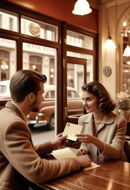 1girl, 1boy, A couple passing a letter, wrapped in pale light, a sepia-colored scene like an old movie, in a retro cafe, hands focus, Nostalgic Letter with a heart seal,