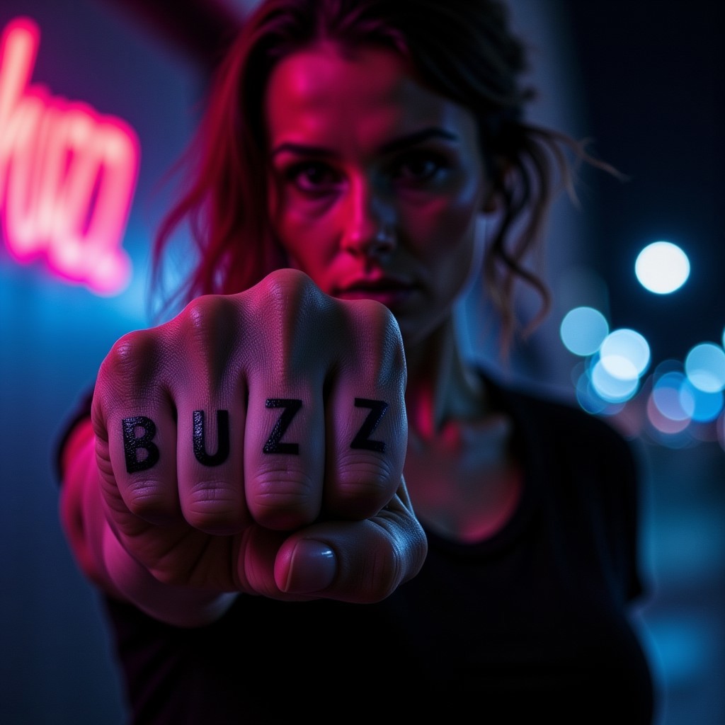 "A cinematic close-up shot in **moody, high-contrast lighting**, focusing sharply on the clenched **fist of a woman**, her knuckles inked with the bold, black letters spelling **BUZZ** in a raw, slightly worn tattoo. The skin on her fingers is taut, veins subtly visible beneath the surface, the texture of her skin detailed under the dramatic lighting. Shadows carve into the creases of her knuckles, emphasizing the power behind the gesture.  
In the **blurred background**, her face is slightly out of focus—only hints of her sharp cheekbones, tousled hair, and intense presence remain visible. The glow of a neon sign flickers behind her, casting a faint, colored reflection along the ridge of her fist. The ambient city lights mix deep blues, purples, and reds, contrasting against the stark skin of her hand. Her posture suggests confidence, defiance—like she’s just thrown a punch or is about to.  
A single droplet of water clings to her index knuckle, catching the light, as if she’s just stepped out of the rain or is standing under the dripping edge of an alleyway awning. The atmosphere is **gritty, raw, and electric**, the fist a symbol of rebellion, energy, and motion frozen in time. The viewer is left wondering—**who is she, and what’s her story?**"* detailed hands