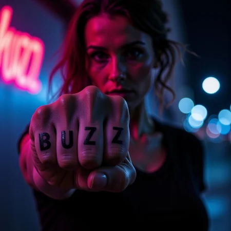 "A cinematic close-up shot in **moody, high-contrast lighting**, focusing sharply on the clenched **fist of a woman**, her knuckles inked with the bold, black letters spelling **BUZZ** in a raw, slightly worn tattoo. The skin on her fingers is taut, veins subtly visible beneath the surface, the texture of her skin detailed under the dramatic lighting. Shadows carve into the creases of her knuckles, emphasizing the power behind the gesture.
In the **blurred background**, her face is slightly out of focus—only hints of her sharp cheekbones, tousled hair, and intense presence remain visible. The glow of a neon sign flickers behind her, casting a faint, colored reflection along the ridge of her fist. The ambient city lights mix deep blues, purples, and reds, contrasting against the stark skin of her hand. Her posture suggests confidence, defiance—like she’s just thrown a punch or is about to.
A single droplet of water clings to her index knuckle, catching the light, as if she’s just stepped out of the rain or is standing under the dripping edge of an alleyway awning. The atmosphere is **gritty, raw, and electric**, the fist a symbol of rebellion, energy, and motion frozen in time. The viewer is left wondering—**who is she, and what’s her story?**"* detailed hands