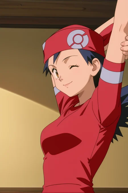score_9, score_8_up, score_7_up, 1girl, solo, source_anime, anime_screencap, pkmLisa, red bandana, red shirt, brown eyes, <lora:pkmLisa:1> upper body, stretching, arm above head, holding own arm, looking at viewer, smiling, breast, winks, female focus, from side, one eye closed, close up, profile picture,