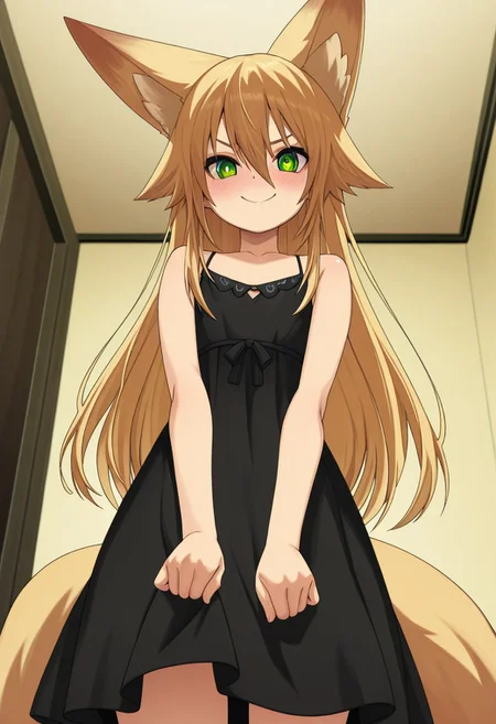 masterpiece,perfect quality,best quality,absolutely eye-catching,absurdres,highres,newest,anime coloring, anime screencap,(1girl,solo), Kokonoe_Tsubaki,green eyes,long hair,flat chest,fox ears,(fox tail),(embarrassed, smile, looking at viewer, blush),black dress,(from below),indoors,