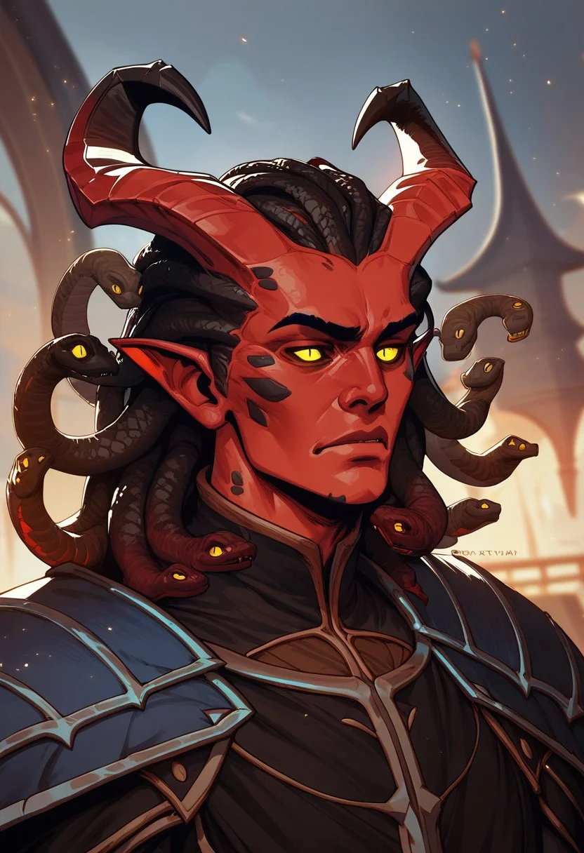 score_9, score_8_up, score_8, score_7_up, score_7, score_6_up, score_6, score_5_up, bulky tiefling, (black tipped horns:1.2), (snake hair, black snake hair), red skin, runes, shoulder armor, spikes, wizard robes, black clothing, claws, masculine face, wide jawline, emotionless expression, yellow eyes, vox machine style, 1boy, male focus, solo, close up portrait , fantasy, night background, (dynamic lighting:1.1)
((masterpiece))