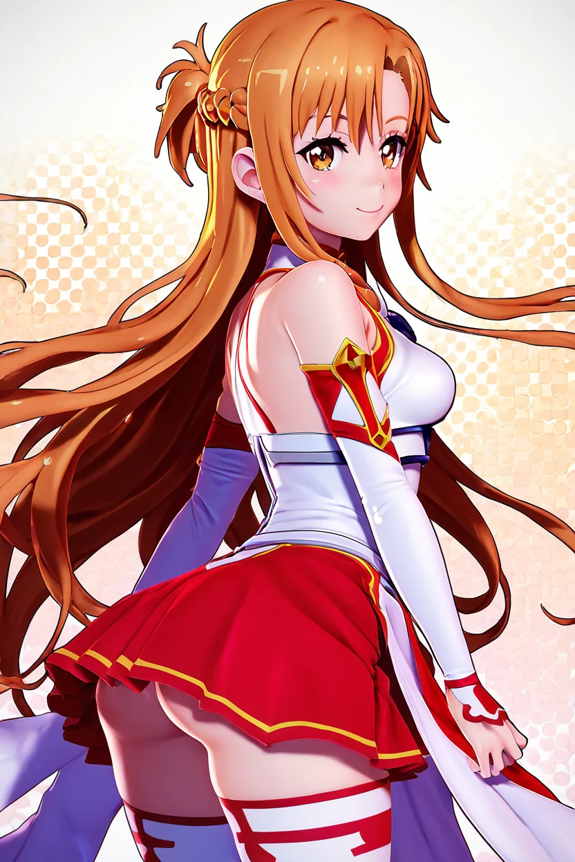 score_9, score_8_up, score_8, medium breasts, (curvy), cute, eyelashes, BREAK, , zzAsuna, asuna (sao), long hair, brown hair, brown eyes, braid, very long hair, thighhighs, bare shoulders, detached sleeves, armor, white thighhighs, breastplate, red skirt, <lora:Asuna_SAO_PDXL_v3:0.8>,, BREAK, smile, looking at viewer, cowboy shot, side view, ass, embedding:zPDXL, Expressiveh, <lora:Zy0n7_PDXL:1.0>, <lora:SDXLFaeTastic2400:0.5>, <lora:Expressive_H-000001:0.4>,