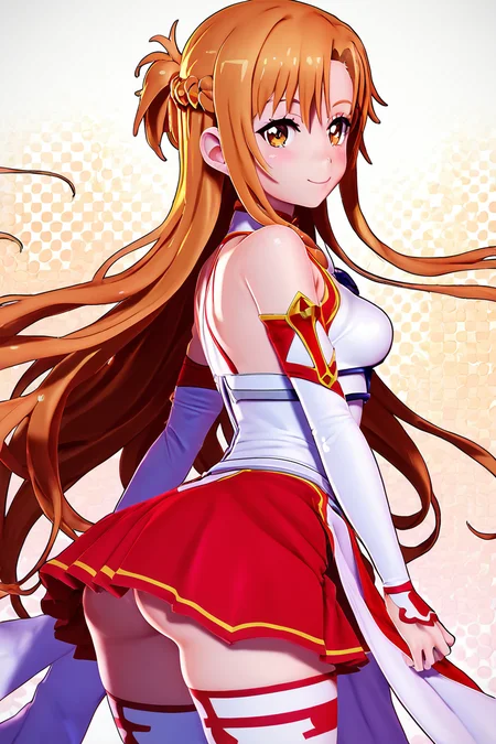 score_9, score_8_up, score_8, medium breasts, (curvy), cute, eyelashes, BREAK, , zzAsuna, asuna (sao), long hair, brown hair, brown eyes, braid, very long hair, thighhighs, bare shoulders, detached sleeves, armor, white thighhighs, breastplate, red skirt, <lora:Asuna_SAO_PDXL_v3:0.8>,, BREAK, smile, looking at viewer, cowboy shot, side view, ass, embedding:zPDXL, Expressiveh, <lora:Zy0n7_PDXL:1.0>, <lora:SDXLFaeTastic2400:0.5>, <lora:Expressive_H-000001:0.4>,