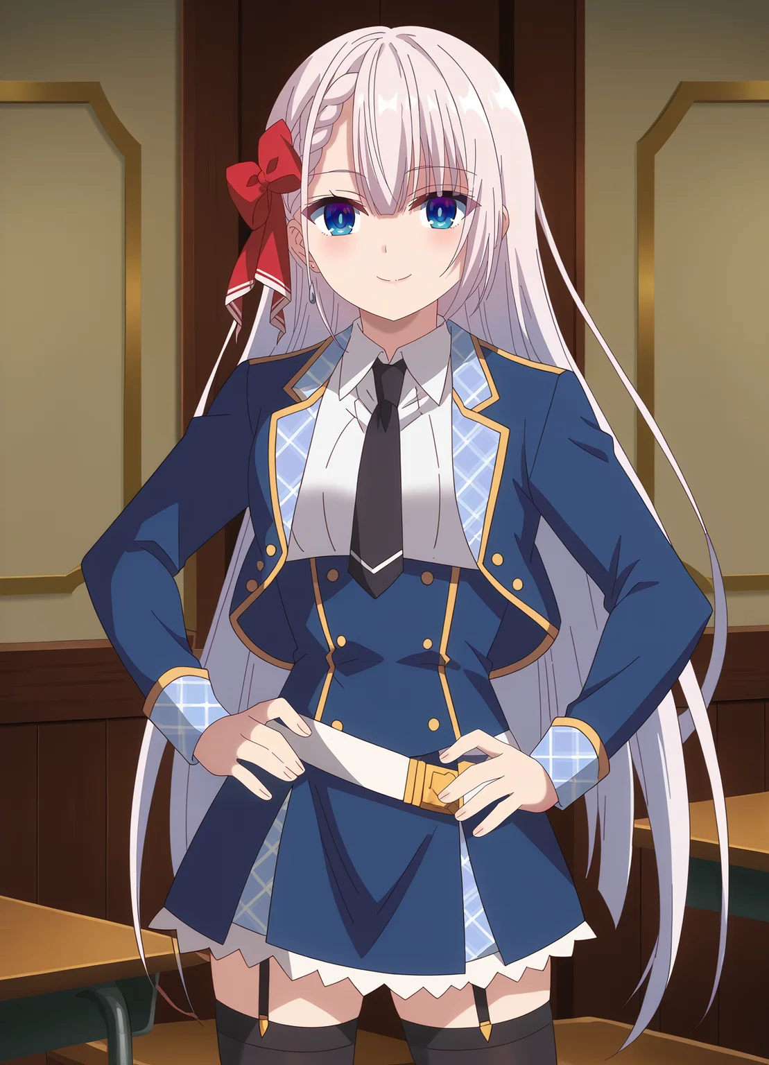 <lora:Riselia_Ray_Crystalia-Seiken_Gakuin_no_Makentsukai:1>,Riselia,1girl,solo,,long hair,blue eyes,bow,hair bow,braid,school uniform,black necktie,jacket,white shirt,blue jacket,skirt,thighhighs,garter belt,smile,indoors,hands on own hips, closed mouth, looking at viewer,
