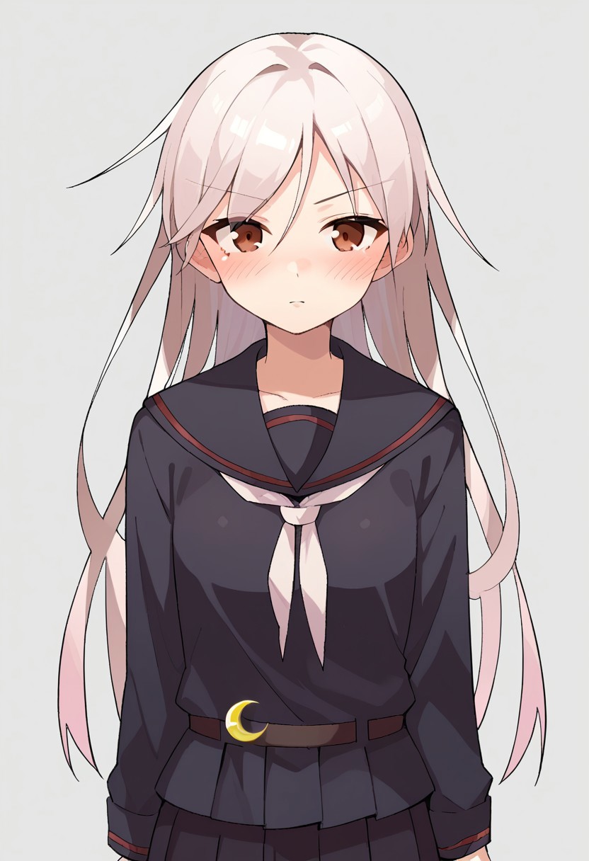 score_9, score_8, score_7, source_anime, kikuzuki (kancolle), 1girl, solo, looking at viewer, blush, long sleeves, crescent pin, school uniform, skirt, black serafuku, pleated skirt