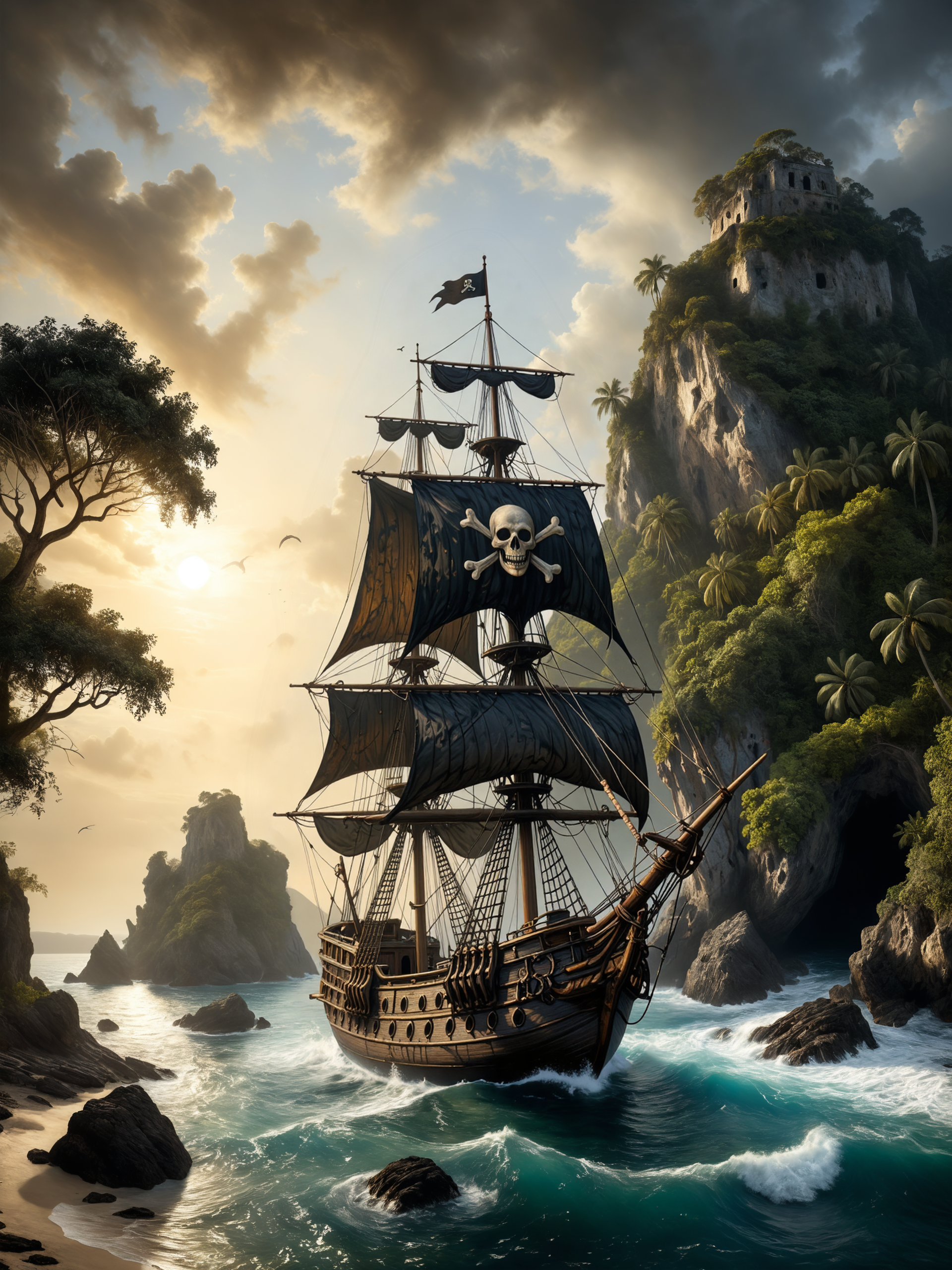 a highly detailed painting in the style by john frederick kensett, depicting a majestic pirate ship anchored in the cove of a serene, tropical seascape, the ship has a row of evenly distributed gunports on the side with closed hatches and the ship's rigging is painted with meticulous attention to detail, the central black sail features a masterfully painted jolly roger with a white skull and crossbones. the ship, with its three-masted rigging and black, weathered sails, exudes a sense of adventure and mystery. the ship's hull is decorated with intricate carvings and wooden details, giving it an authentic, historical appearance. the background showcases a lush, green island with palm trees and rocky cliffs, partially shrouded in the soft, golden light of dawn. the water around the ship is a vibrant blue with gentle waves, and a few birds are visible flying in the distance. the lighting is soft and diffused, casting a warm glow on the ship and the surrounding environment, enhancing the overall very high aesthetic quality of the image. the painting captures the essence of a classic pirate ship in a beautifully rendered, realistic style, the use of light and shadow, combined with the realistic textures and colors, adds to the image's high quality, <lora:more_artful-xl:0.6> <lora:add_detail-xl:2.4>