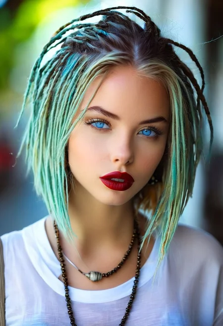 1girl, bellissima, blue eyes, blurry, bob cut, depth of field, dreadlocks, jewelry, lips, lipstick, long hair, looking at viewer, necklace, nose, parted lips, portrait, realistic, solo, white shirt