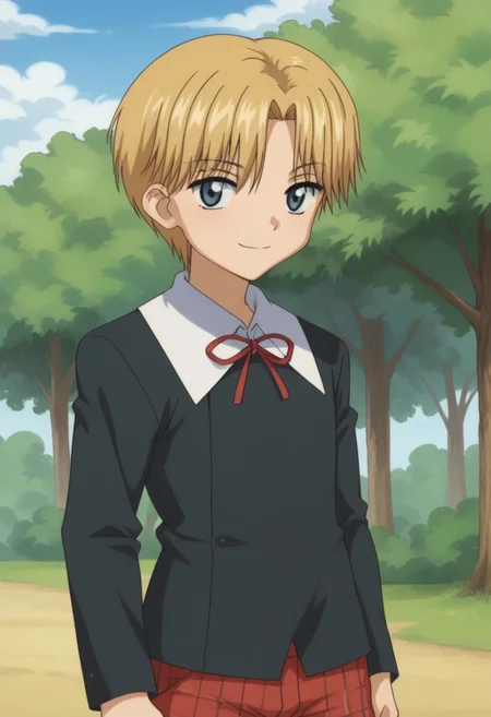 score_9, score_8_up, score_7_up, source_anime, highly detailed,
rukanogi, 1boy, male focus, blonde hair, short hair, shorts, red shorts, plaid shorts, school uniform, blue eyes, solo, ribbon, neck ribbon, upper body, sweater, black sweater, shirt, white shirt, collared shirt, long sleeves, smile, closed mouth,
outdoor, sky, tree
