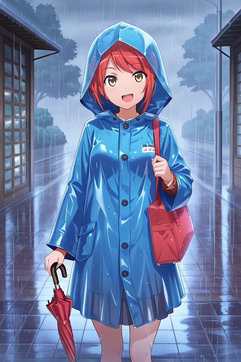 masterpiece, best quality, amazing quality,
<lora:Misora_IL:1> misora, 1girl, umbrella, solo, rain, red hair, raincoat, closed umbrella, smile, open mouth, short hair, bag, yellow eyes, hood, skirt, outdoors