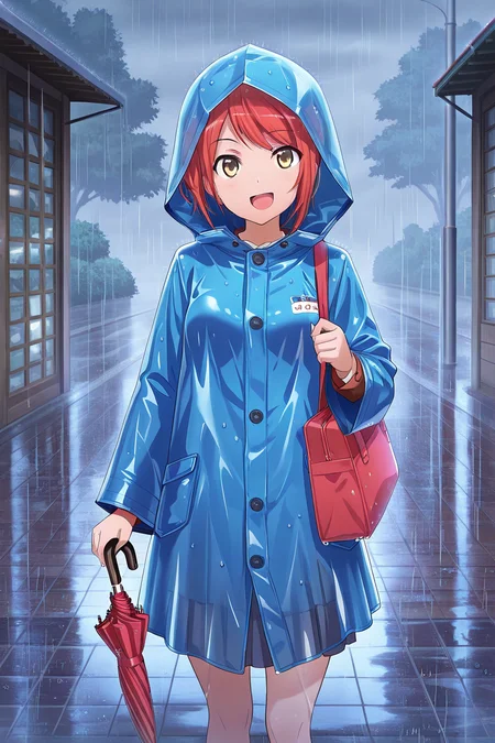 masterpiece, best quality, amazing quality,
<lora:Misora_IL:1> misora, 1girl, umbrella, solo, rain, red hair, raincoat, closed umbrella, smile, open mouth, short hair, bag, yellow eyes, hood, skirt, outdoors