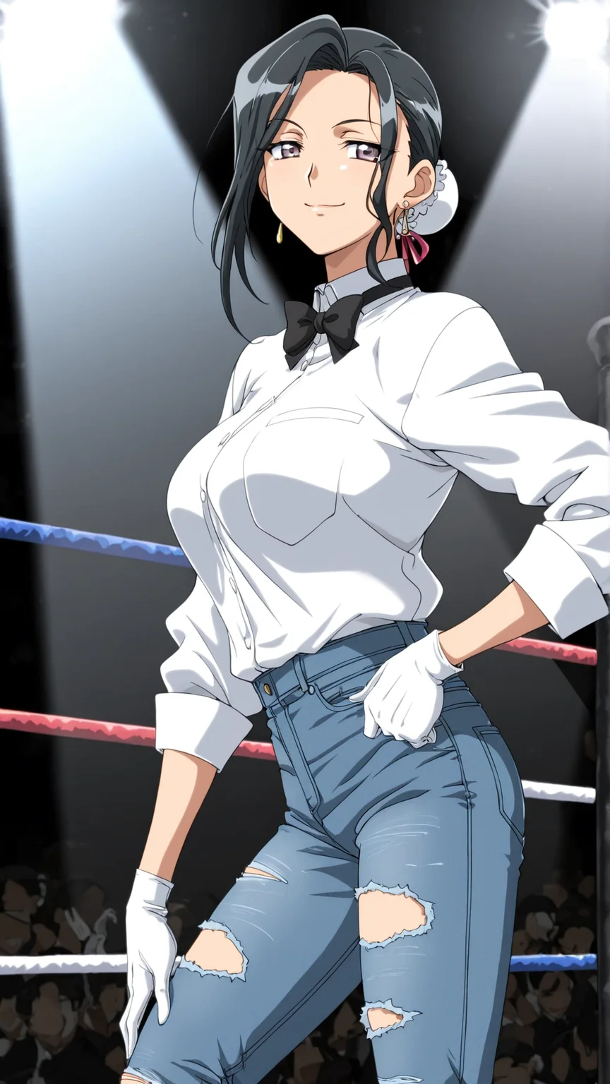 masterpiece, best quality, anime coloring, wrestling ring, spotlight, 
1girl,solo, smile
 <lora:Terumi-Kannazuki_lL_v01:1> terumi-kannazuki, black hair, black bowtie, pants, white gloves, earrings, jewelry, hair bun, denim, bun cover, jeans, torn jeans, (aged up:1.45)