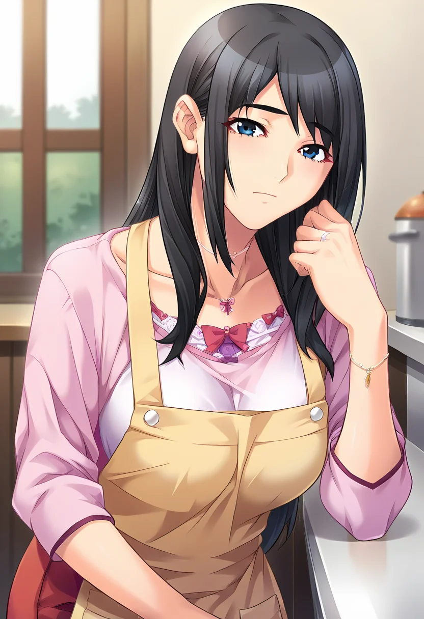 score_9, score_8_up, score_7_up, score_6_up, score_5_up, score_4_up, masterpiece, source_anime, 1girl, c nanami, long hair, large breasts, black hair, blue eyes, pink cardigan, white frilled shirt, necklace, red long skirt, ring, yellow apron, indoors, looking at viewer, upper body, hand up, collarbone, leaning forward,<lora:Nanami_HondaVer3_PONY_c:1>
