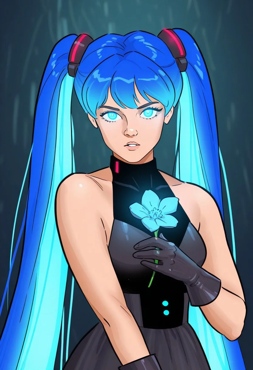masterpiece, very aesthetic,8k, best quality,((safeingg)), retro artstyle, 1girl, solo, girl, solo, long hair, twintails, very long hair, dress, blue hair, gloves, upper body , closeup , looking at viewer, hair ornament, sleeveless, black gloves, multicolored hair, flower, parted lips, absurdly long hair, aura, blue glowing eyes,impressionism, high detail, depth of field, looking at viewer,high detail, depth of field, posing
