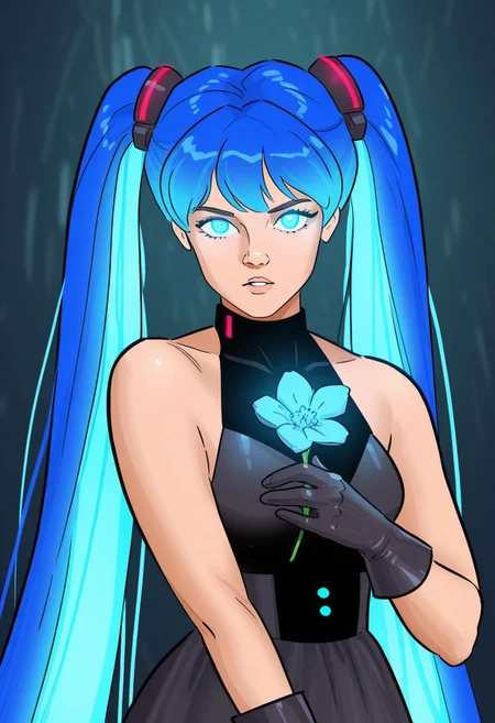 masterpiece, very aesthetic,8k, best quality,((safeingg)), retro artstyle, 1girl, solo, girl, solo, long hair, twintails, very long hair, dress, blue hair, gloves, upper body , closeup , looking at viewer, hair ornament, sleeveless, black gloves, multicolored hair, flower, parted lips, absurdly long hair, aura, blue glowing eyes,impressionism, high detail, depth of field, looking at viewer,high detail, depth of field, posing