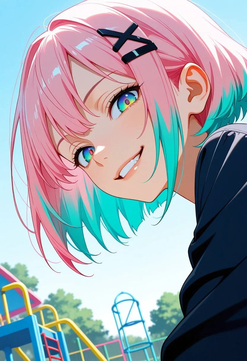 masterpiece, best quality, high quality, high details, source_anime, score_9, score_8_up, score_7_up, extremely detailed,
perfect face,
gradient eyes, multicolored eyes, blue eyes, emerald eyes,
multicolored hair, aqua hair, pink hair, colored tips, bob cut, hairclip, hairpin,
Looking at viewer, from below, from side,
Open air playground, small park, day,
Evil smile, domination looks, realistic shadows, very aesthetic, cinematic light,