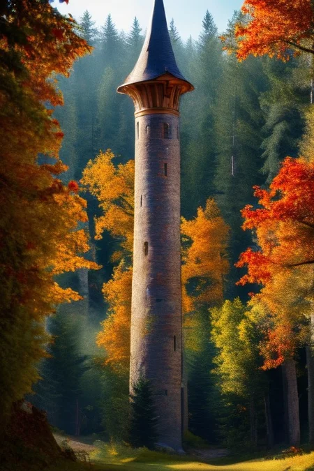 realistic analog photo, award winning photo, vary wide shot of stone witow tower:1.3, no humans, scenery, blue sky, auwo, in a autumn forest, dirt road, lush grassland, Wildflowers, nature, outdoors, RAW, highres, 8k, uhd, High Dynamic Range, tonemapping, crisp details,