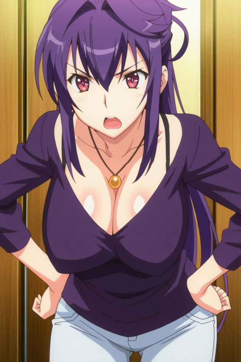 masterpiece , source_anime, ,, ,1girl, solo, open mouth, breasts, purple hair, hands on hips, large breasts, long hair, jewelry, necklace, red eyes, purple eyes