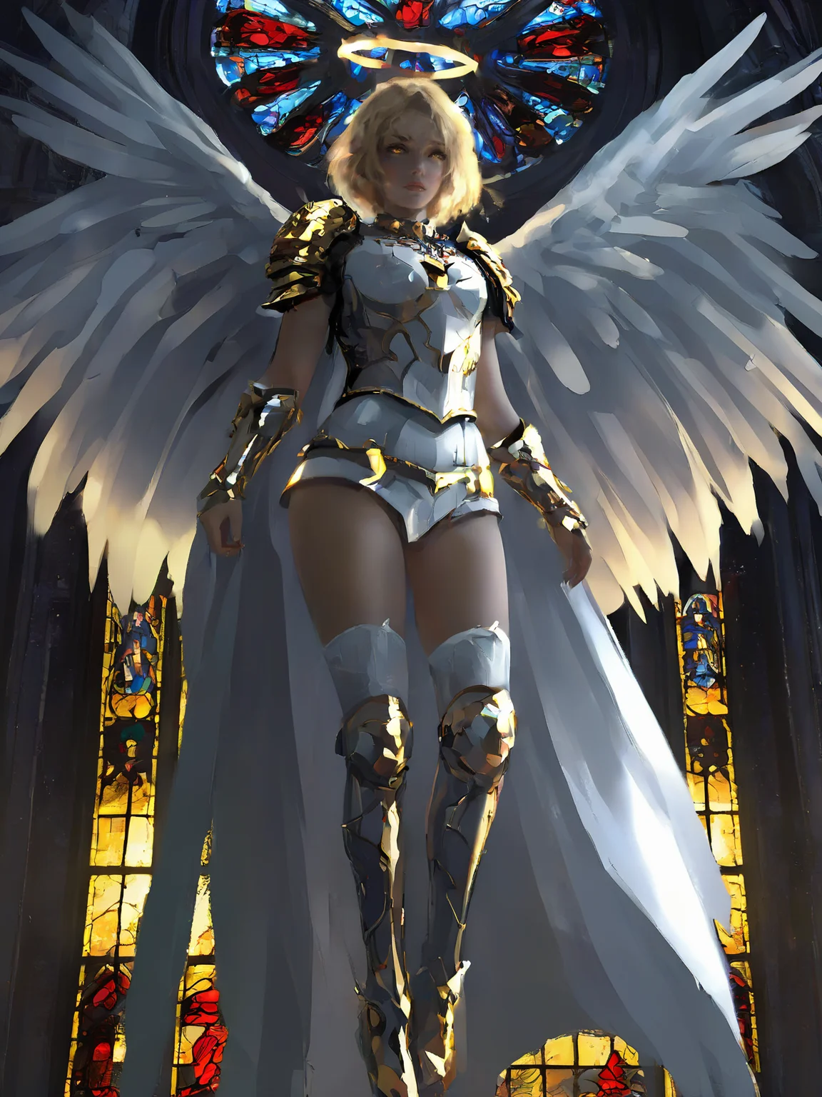 masterpiece,best quality,wlop,low angle, from below, paladin templar lady in white tabard, legwear, glowing yellow eyes, collar, golden chainmail, wide hips, barefoot, angel wings, pauldrons, halo, bob cut, blonde, eye focus, red cape, temple indoors, decorations, stained glass windows, night, particles, chromatic aberration, detailed, cinematic, dark scene, fantasy,<lora:wlop_v01_20-0128:0.8>,
