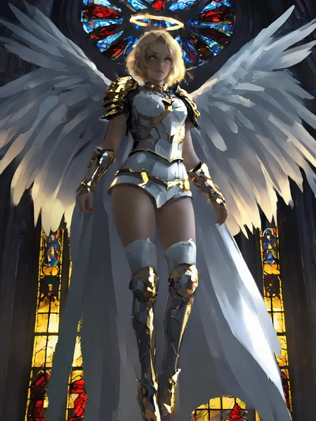 masterpiece,best quality,wlop,low angle, from below, paladin templar lady in white tabard, legwear, glowing yellow eyes, collar, golden chainmail, wide hips, barefoot, angel wings, pauldrons, halo, bob cut, blonde, eye focus, red cape, temple indoors, decorations, stained glass windows, night, particles, chromatic aberration, detailed, cinematic, dark scene, fantasy,<lora:wlop_v01_20-0128:0.8>,