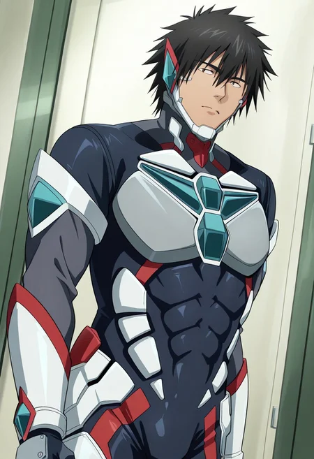 safe_pos, score_9, score_8_up, score_7_up, score_6_up, perfect anatomy, perfect proportions, best quality, masterpiece, high_resolution, high quality, best aesthetic, incredibly absurdres, highres, extremely detailed, huge filesize, solo male, adult, mature, masculine, manly, handsome, charming, alluring, seductive, heroic, standing, upper body, dutch angle, cowboy shot, perfect face, perfect eyes, source_anime, anime coloring, BBBIsami, Isami Ao, brown eyes, sanpaku, BBBIsami_hairstyle02, black hair, medium hair, spiky hair, bangs, hair down, hair between eyes, hair above eyes, BBBIsami_outfit01, Bang Bravern bodysuit, mandible guard, tactical gloves, Bang Bravern boots