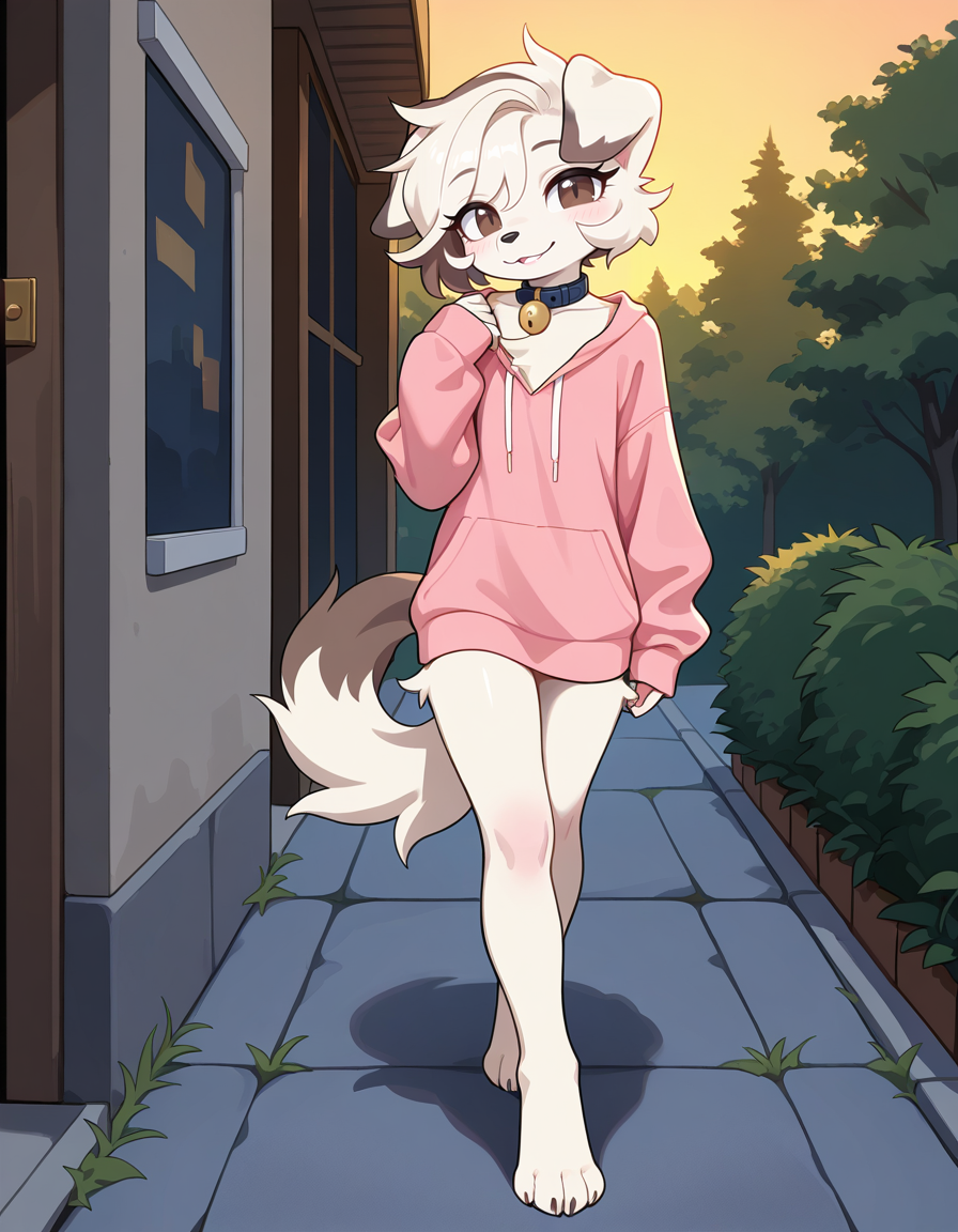masterpiece, best quality, very aesthetic, absurdres,
outdoors, casual, 
full body, standing, posing, 
seductive smile, parted lips, long eyelashes,
 <lora:Infi_v01_NAIXL:1>,
1nf1,1girl,solo,furry,furry female,dog girl,dog ears,short hair,white hair,brown eyes,snout,animal nose,collar,neck bell,body fur,white fur,dog tail,