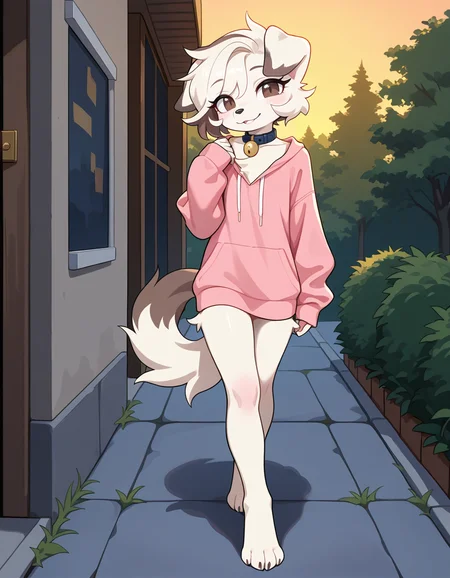masterpiece, best quality, very aesthetic, absurdres,
outdoors, casual,
full body, standing, posing,
seductive smile, parted lips, long eyelashes,
<lora:Infi_v01_NAIXL:1>,
1nf1,1girl,solo,furry,furry female,dog girl,dog ears,short hair,white hair,brown eyes,snout,animal nose,collar,neck bell,body fur,white fur,dog tail,
