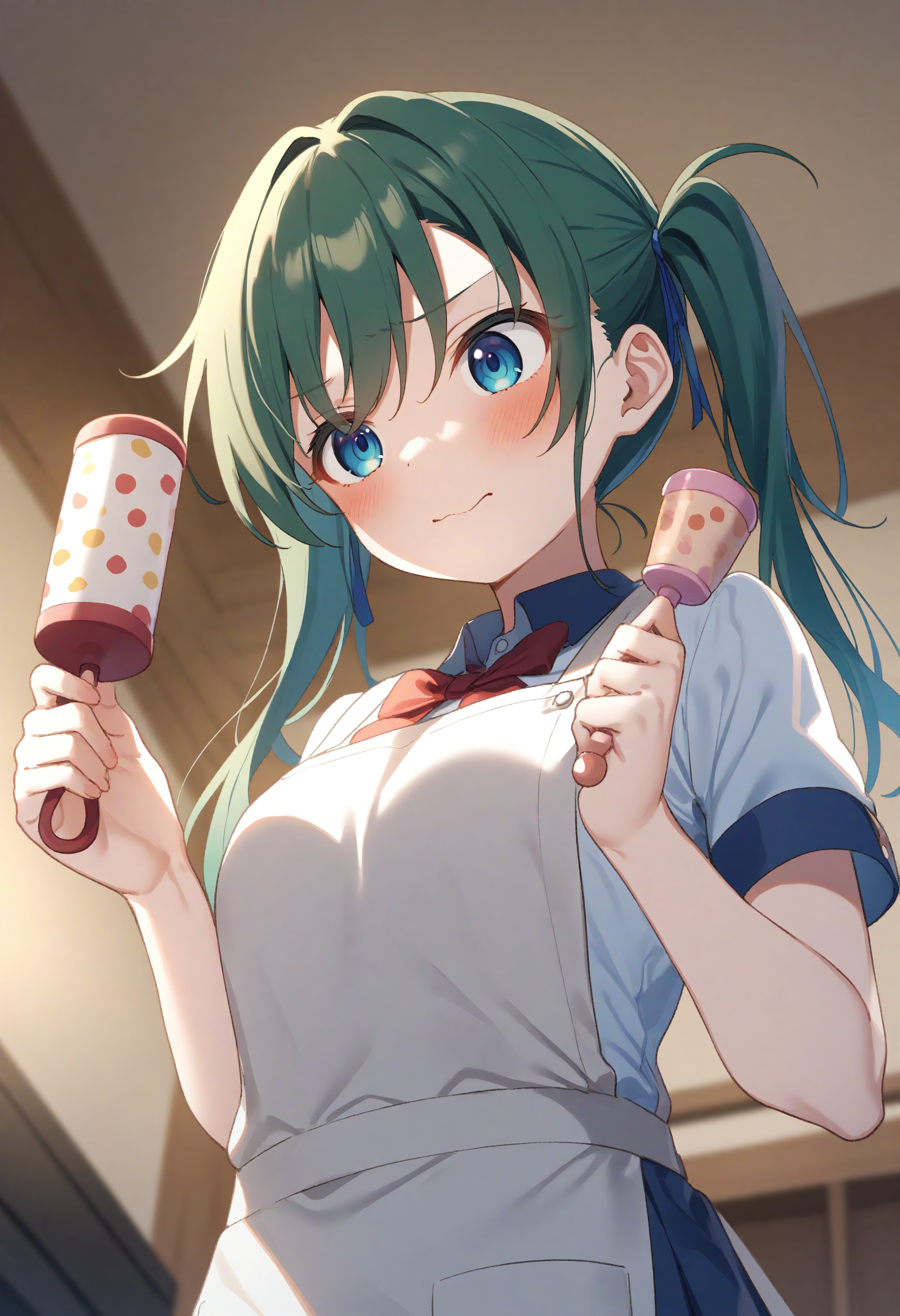 1girl,sincos, ningen mame, toosaka asagi,solo,medium breasts,school uniform,
rattle, holding, apron,indoors, <lora:rattle_XL_v1:0.6>
dutch angle, upper body, looking up, green hair, silver eyes,badmood, closed mouth, quad tails hair,,
best quality, very aesthetic, absurdres