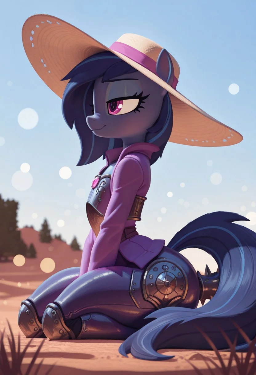 masterpiece, best quality, absurdres, highres, high quality, highly detailed, official art, gloss_(hotglossed), Hoovesart, pixelsketcher, Rapscallionstyle, 3d, stylized realism, (bokeh:1.1), no lineart, sparse forest overlooking a high desert, blue sky, 
pony /(my little pony friendship is magic/), stallion, solo, detailed face, dull purple coat, dark blue mane and tail, side view, sitting on ground, armored saddle with chest plate (rusted, futuristic), small chest plate, mace attached to tail, lidded eyes, relaxed demeanor, soft lighting, rim lighting, sun hat,