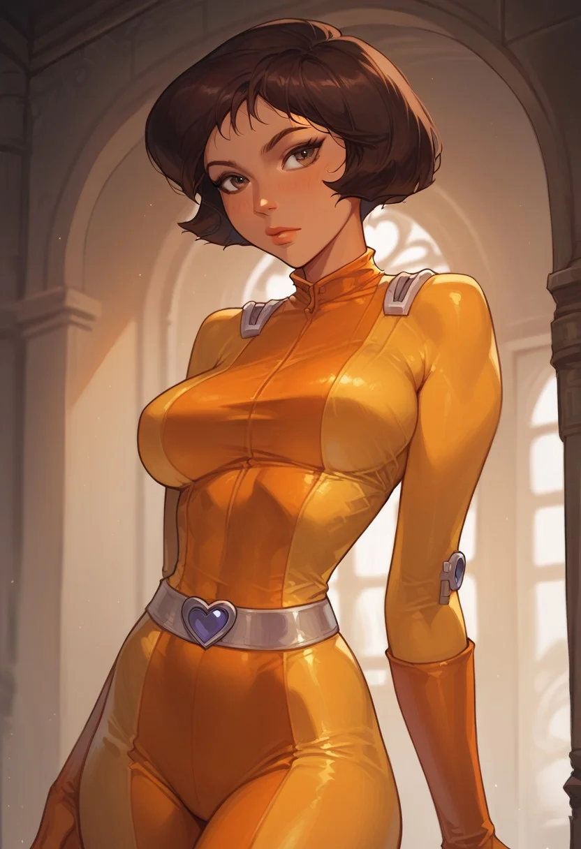 core_9, score_8_up,score_7_up, score_6_up, score_5_up, score_4_up, 1girl, alex \(totally spies\), brown eyes, brown hair,,, narrow waist, large breasts, yellow bodysuit, belt
