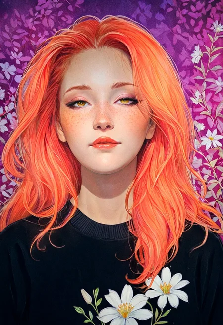 (resplendent highlighting) in the style of casual line and wash sketch, hauntingly beautiful, a drawing of a woman with long loose red hair, smug look, inspired by Miho Hirano, Miguelanxo Prado and Amy Sol, olive skin, ultraviolet and infrared hues, white flower-pattern on dark-black sweater, anaglyph colors, aidmamj6.1, 3xpr3sgg0th1cn30n1nc4s3, ExpresHGothicNeonIncaseUOC, ExpresHGothicNeonIncase,