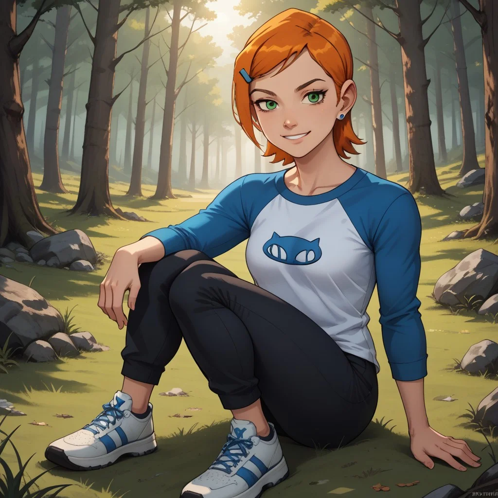 score_9, score_8, BREAK, solo, Gwen_Tennyson_(Ben10), 1girl, pale skin, green eyes, short orange hair, hair clip, sapphire earrings, long sleeves, blue raglan shirt with a cat logo, white capri pants, white shoes, self portrait, smile, looking at viewer, outdoors, sunlight, shadows, evening lighting, natural lighting, forest, trees, grass, orange sky, sunset