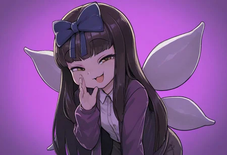best quality, hires, close up, cowboy shot,
1girl, solo, star sapphire, leaning forward, whispering, smug, :3, open mouth, covering own mouth, looking at viewer, raised eyebrows, purple jacket, white shirt, shadow, purple lighting, fairy wings, collared shirt,