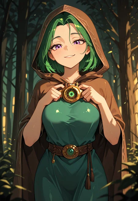masterpiece, best quality, good quality, very aesthetic, absurdres, newest, 8K, depth of field,  in the style of cknc, artist:moriimee, in the style of cksc, 
1girl, short green hair, tangled, hazel eyes, medium breasts, firm, hooded cloak, glossy skin, picking lock, smirking, looking at viewer, from side
BREAK
twilight forest, mossy ruins, owls hooting
BREAK
dynamic light, green tones, high contrast, twilight glow, rich details, sneaky atmosphere
