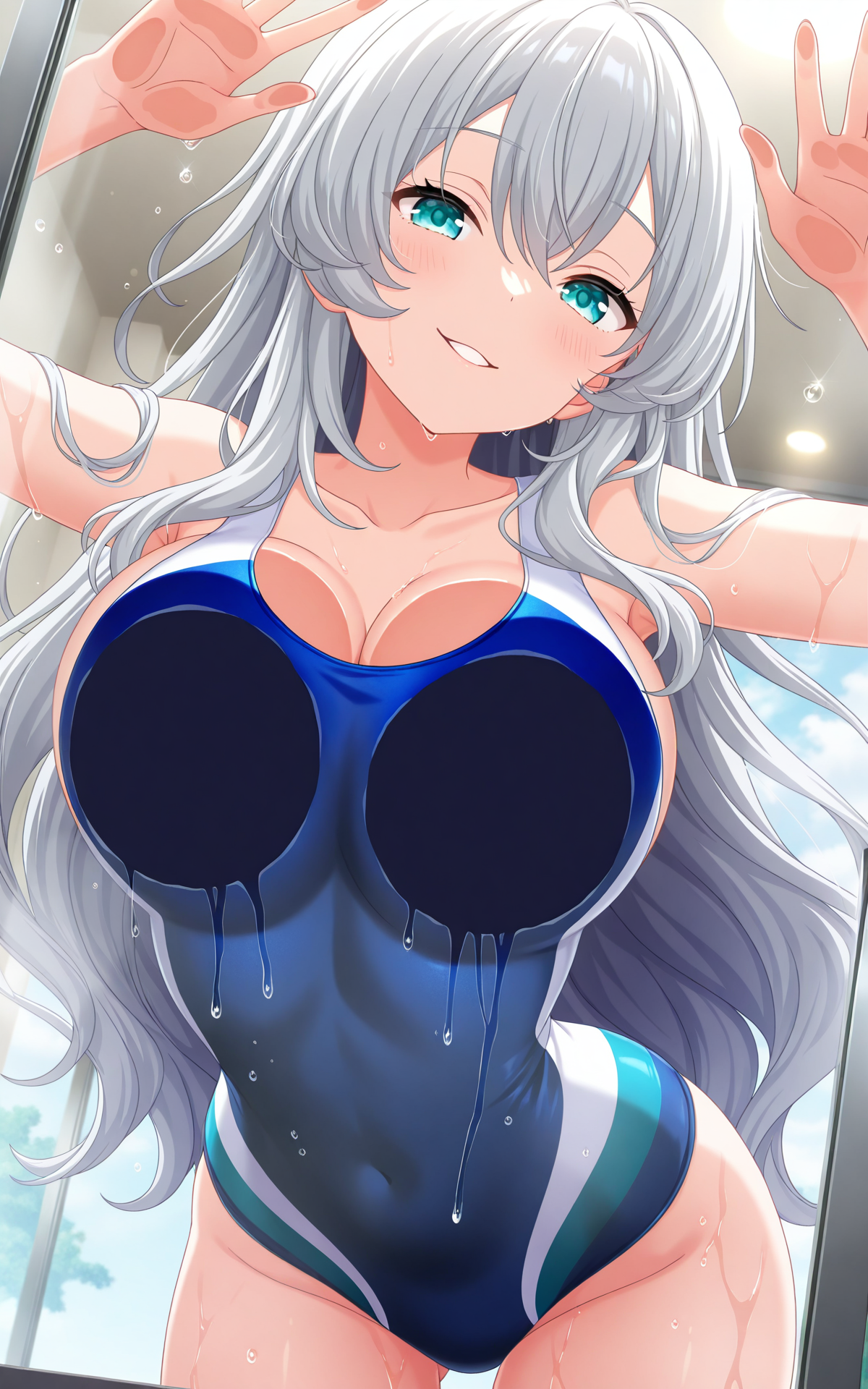 masterpiece, best quality, good quality, newest,4k, perfect lighting, cinematic, very aesthetic, official art, anime screencap, anime coloring,
1girl,solo,anette,grey hair,long hair,hair between eys,aqua eyes,blue one-piece swimsuit,competition swimsuit,collarbone,large breasts,thighs,wet,water drop,from below,upper body,
head tilt,looking at viewer,looking down,naughty face,parted lips,breasts on glass,breast press,against glass,leaning back,arched back,BREAK
 <lora:ILanette:1>